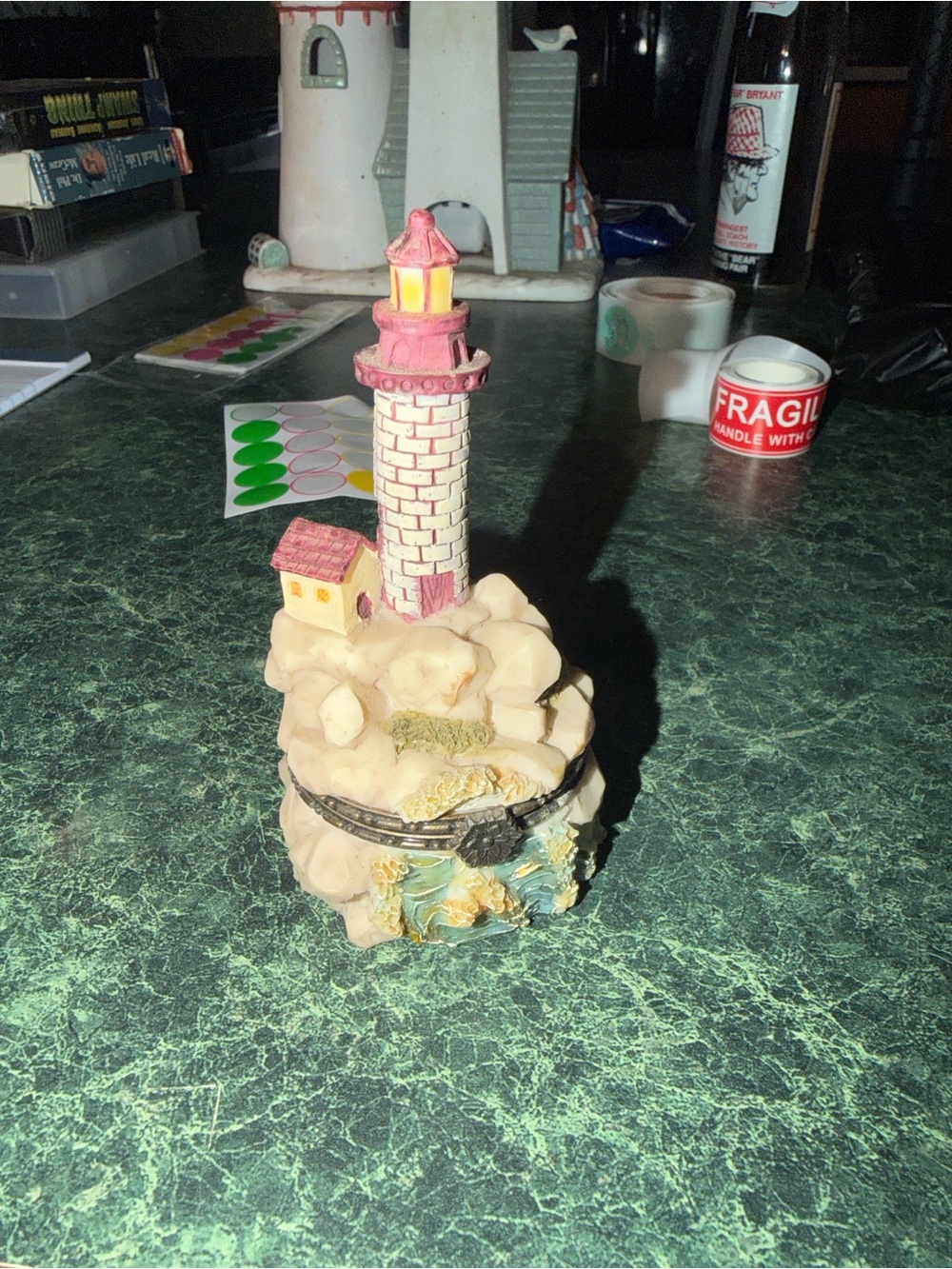 Vintage Mini Lighthouse Figurine with Cottage - Pink & Cream